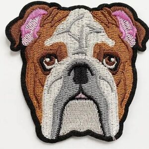 Old English Bulldog Iron On Patch, Brown, Grey, White & Pink Patch
